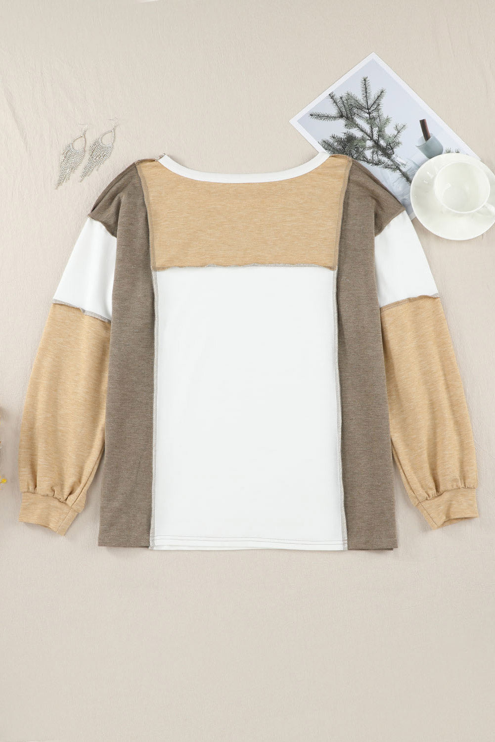 Exposed Seam Contrast Round Neck Long Sleeve Top 