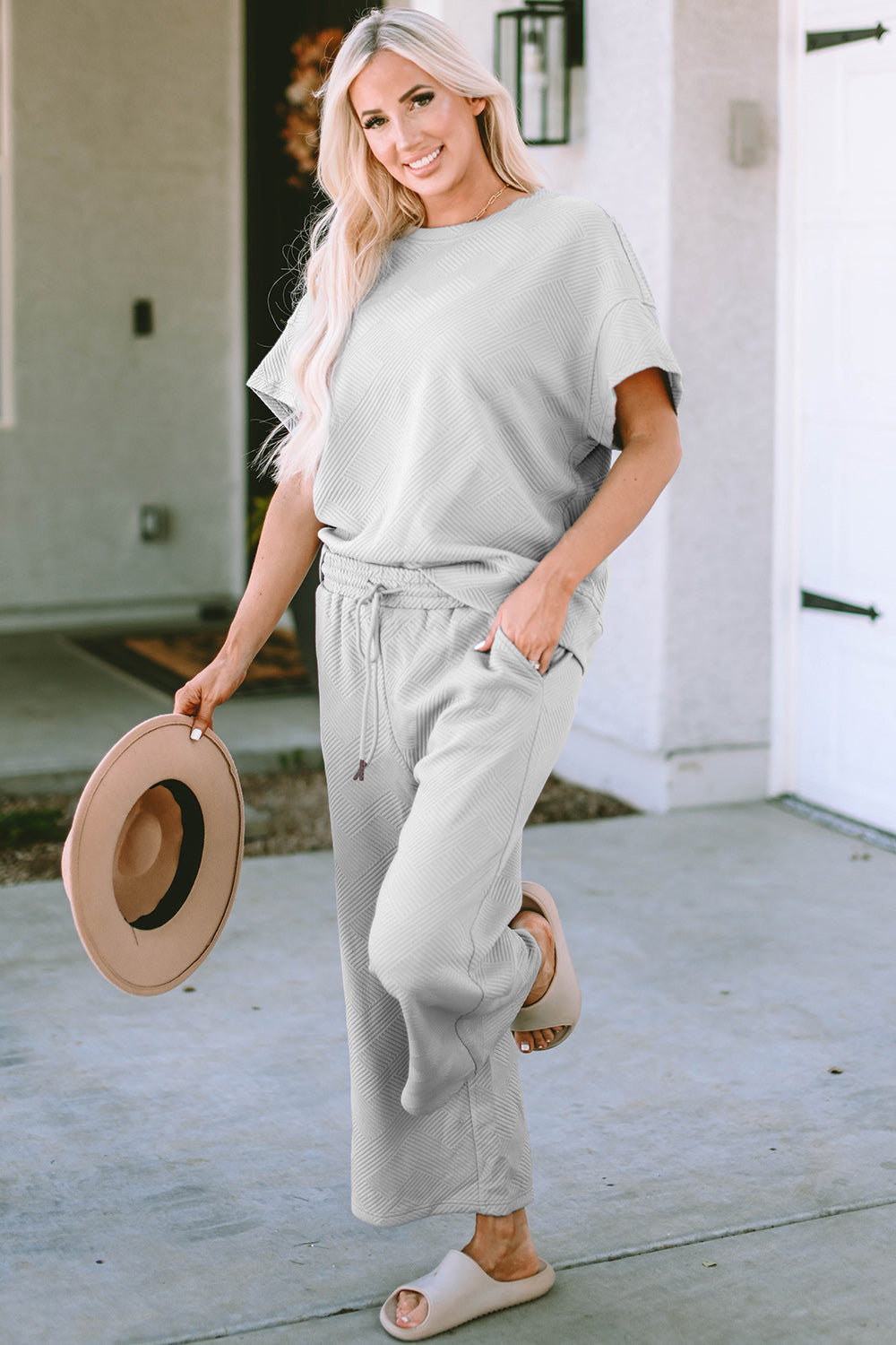 Double Take Full Size Texture Short Sleeve Top and Pants Set 