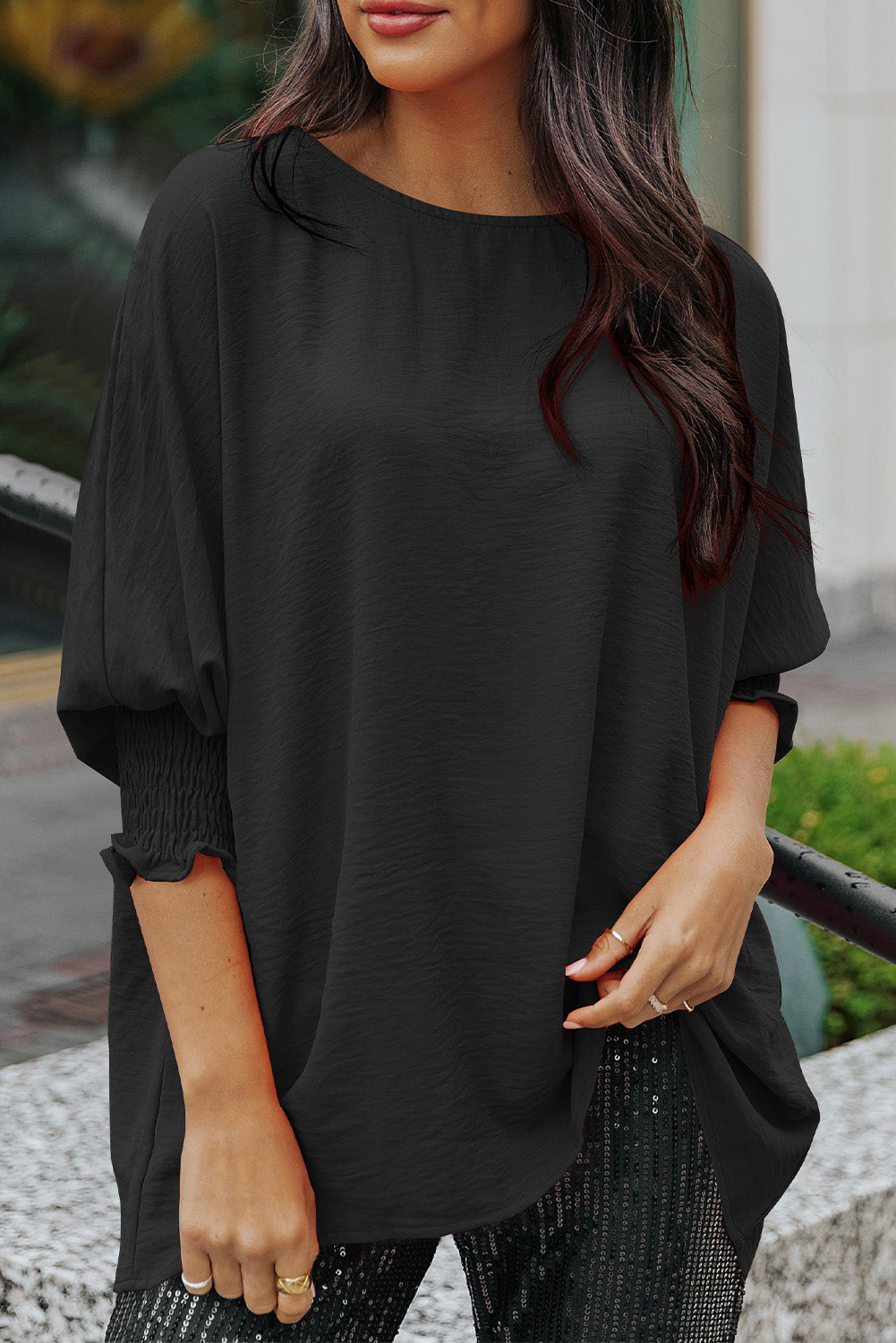 Black Smocked Wrist Shift Top Tops/Tops & Tees