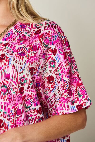 Double Take Full Size Printed V-Neck Short Sleeve Blouse 
