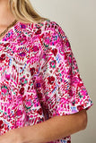 Double Take Full Size Printed V-Neck Short Sleeve Blouse 