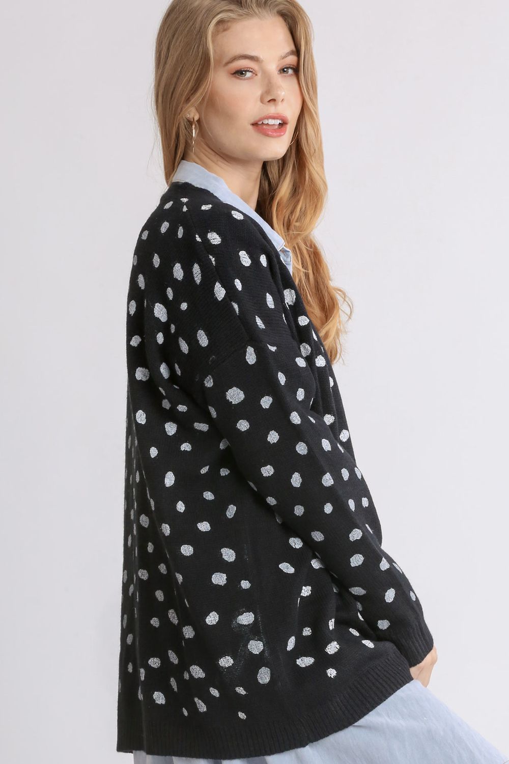 Umgee Polka Dot Open Front Drop Shoulder Cardigan 