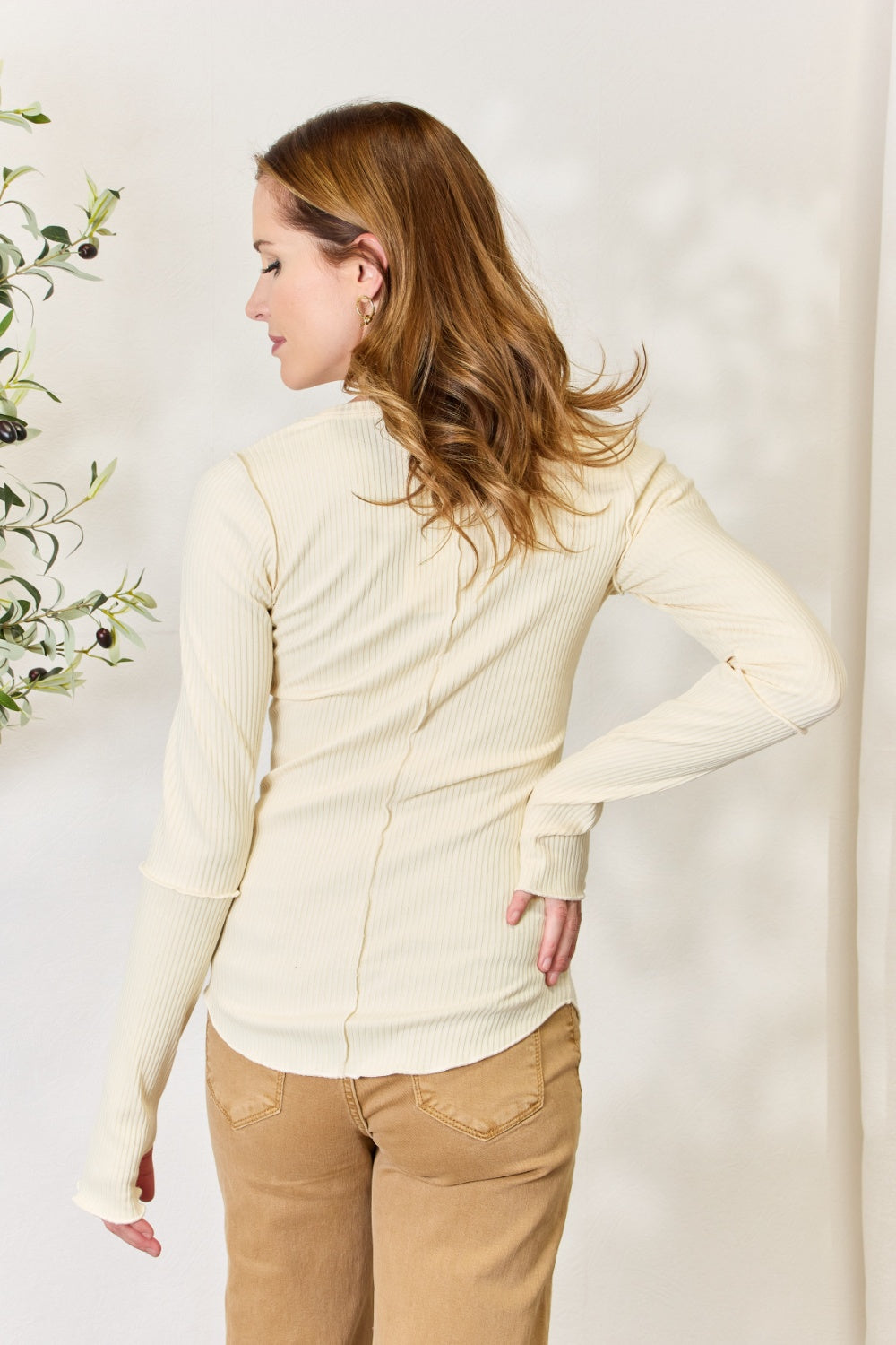Culture Code Full Size Ribbed Round Neck Long Sleeve Top 