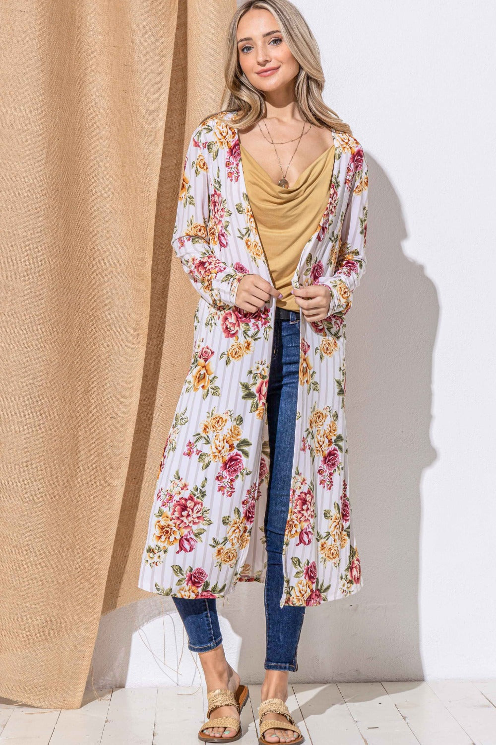 And The Why Floral Kimono Open Front Longline Cardigan 