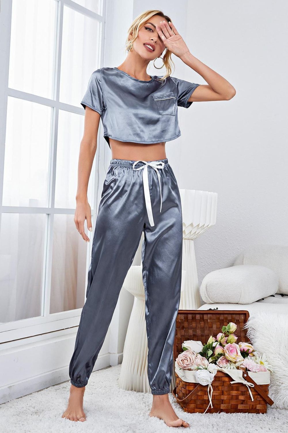 Satin Short Sleeve Crop Top and Joggers Lounge Set Lingerie & Nightwear