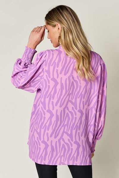 Double Take Full Size Printed Smocked Long Sleeve Blouse 