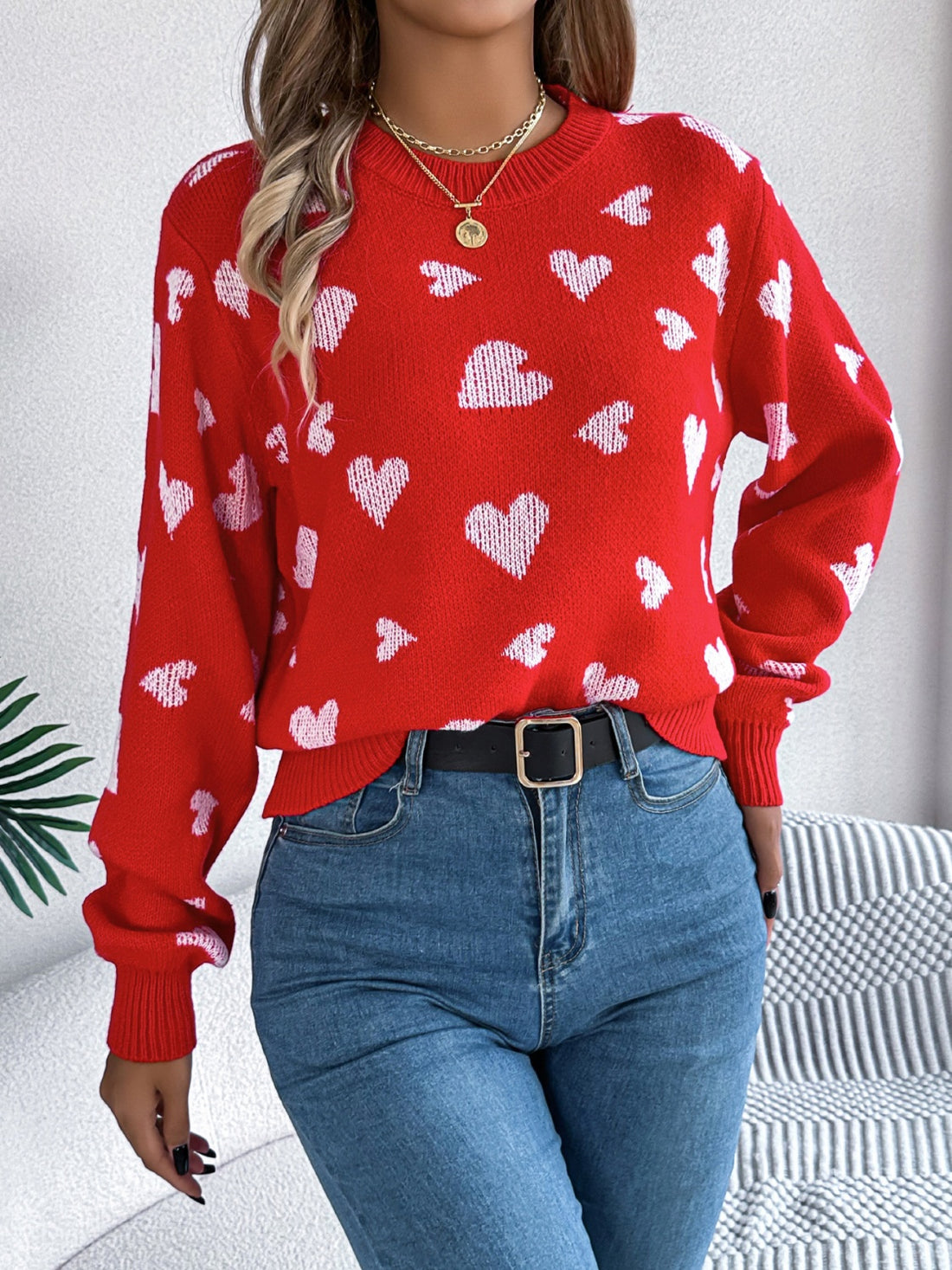 Heart Round Neck Long Sleeve Sweater 