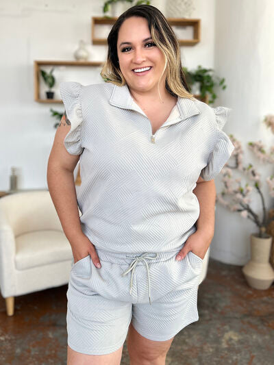 Double Take Full Size Texture Flounce Sleeve Top and Drawstring Shorts Set 