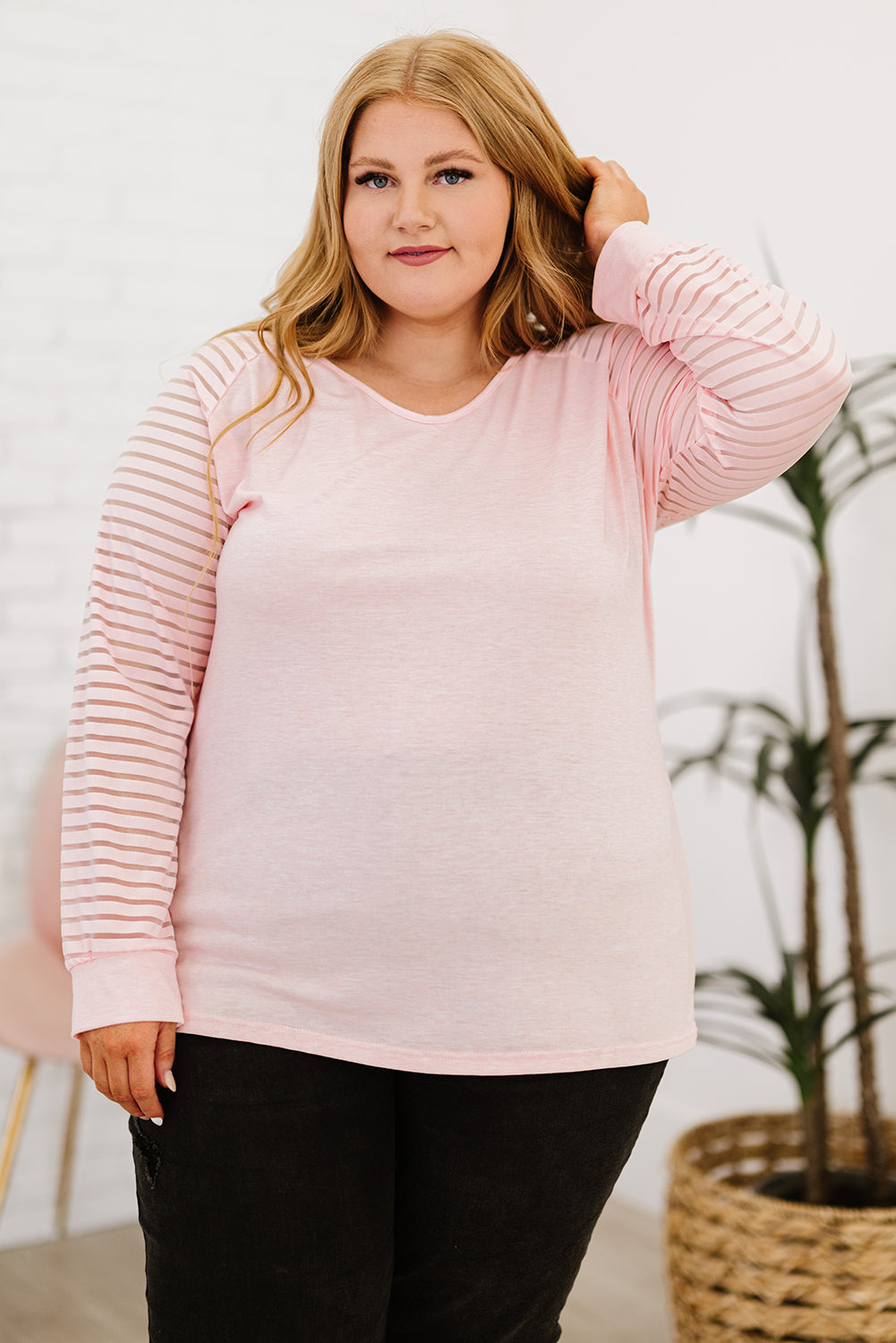 Plus Size Sheer Striped Sleeve V-Neck Top 