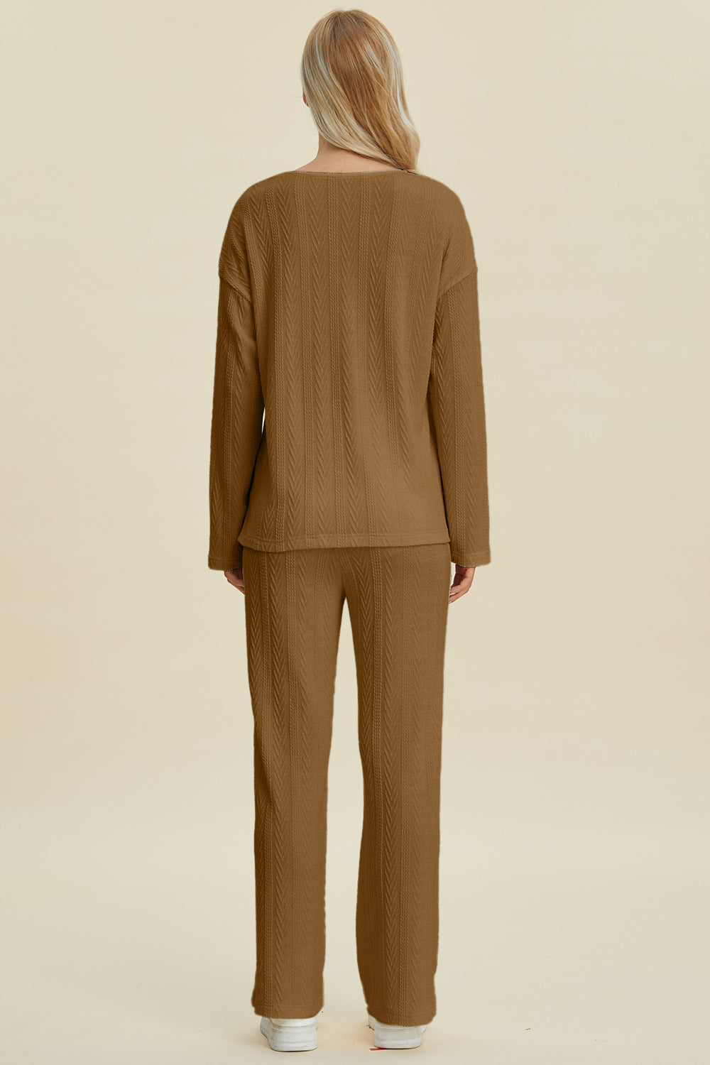 Double Take Full Size Cable-Knit Long Sleeve Top and Pants Set 