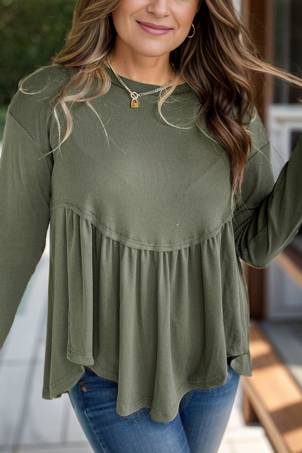 Plus Size Peplum Round Neck Long Sleeve Blouse 