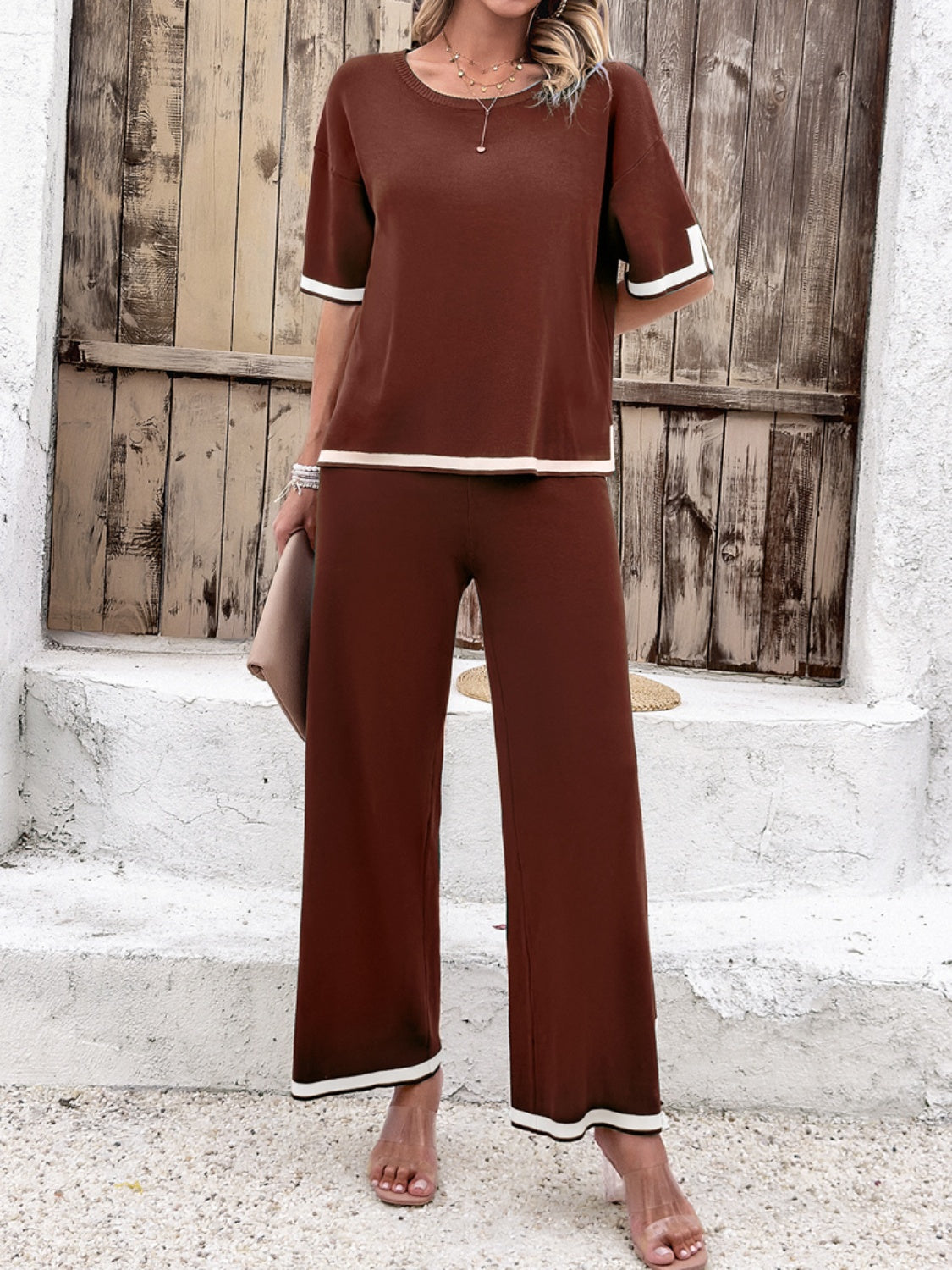 Devine Contrast Trim Round Neck Top and Pants Set 
