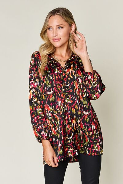 Double Take Full Size Printed Button Up Long Sleeve Shirt 
