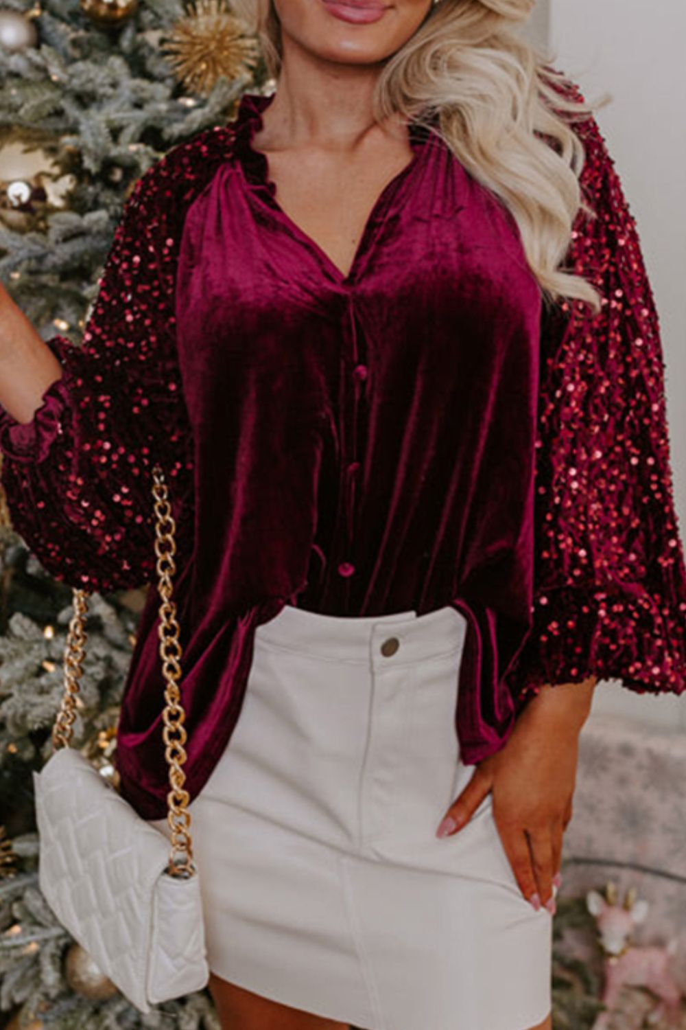 Sequin Notched Long Sleeve Blouse 