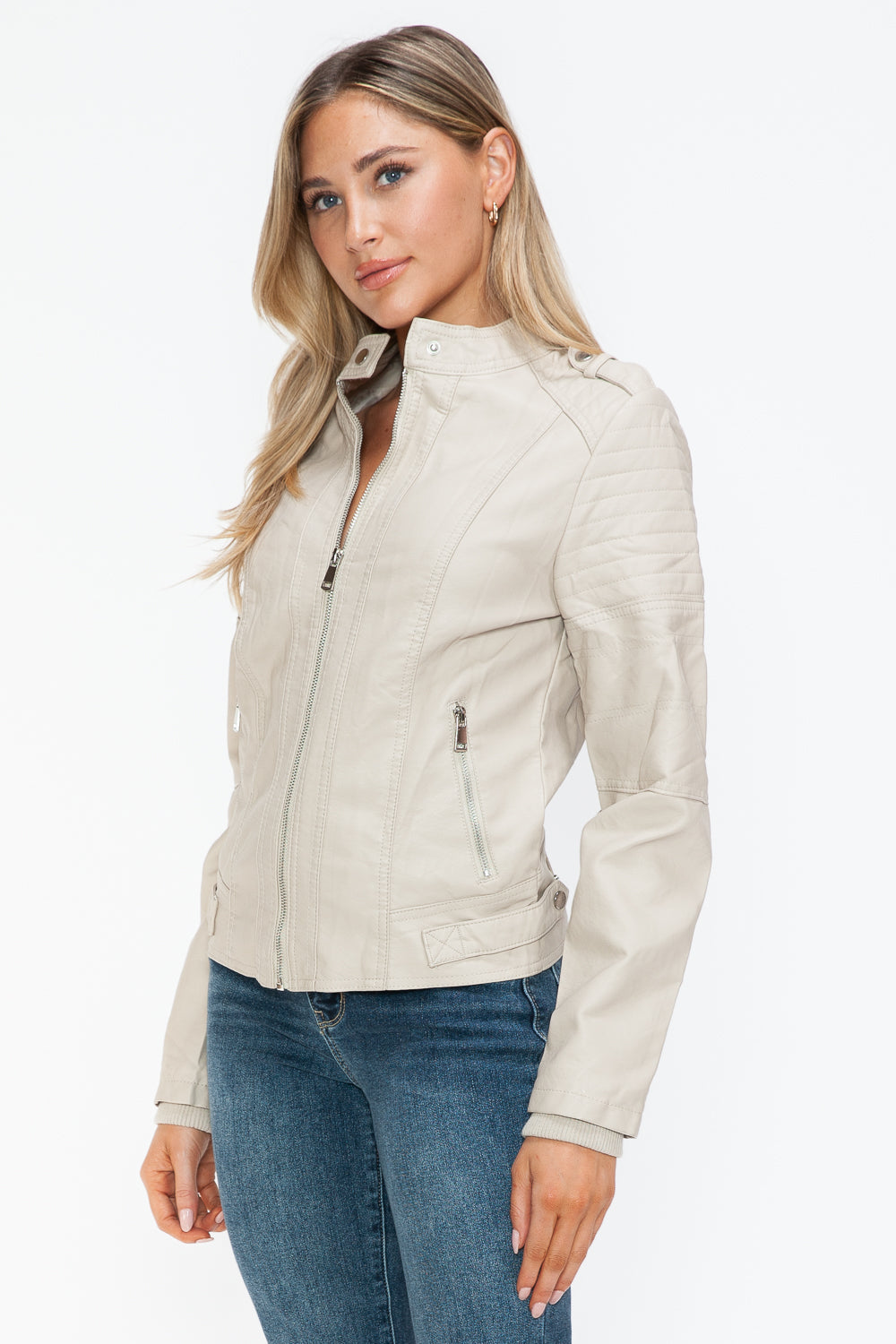 Snobbish PU Leather Biker Jacket with Side Zip Pockets 