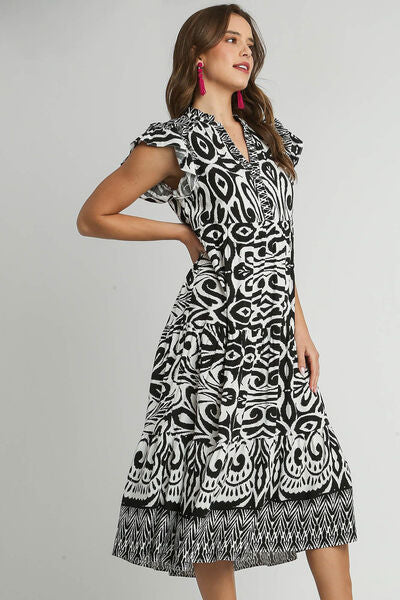 Umgee Full Size Two Tone Border Print Ruffle Cap Sleeve Midi Dress Plus Size Dresses