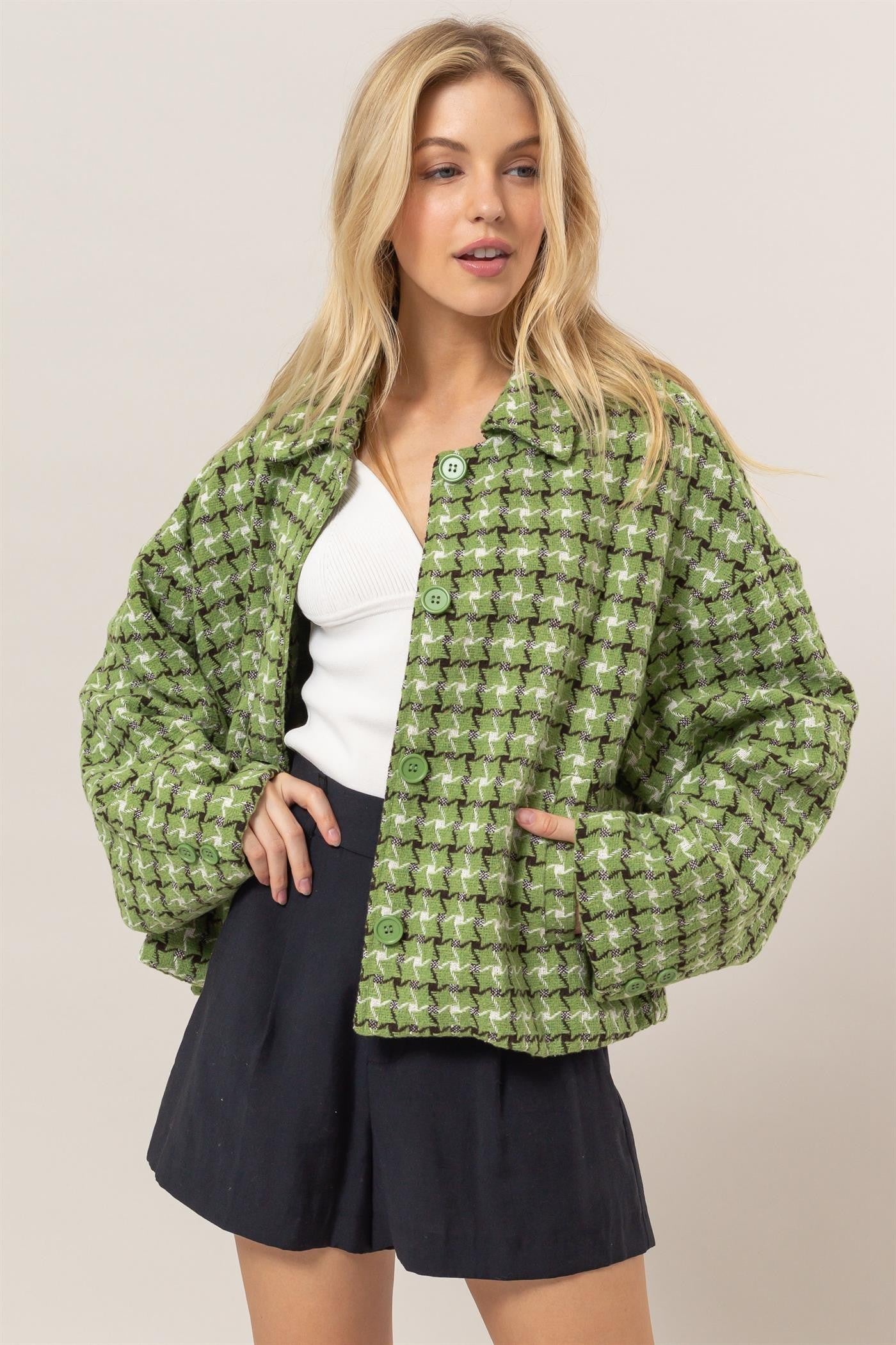 HYFVE Tweed Plaid Button Up Collared Neck Jacket 
