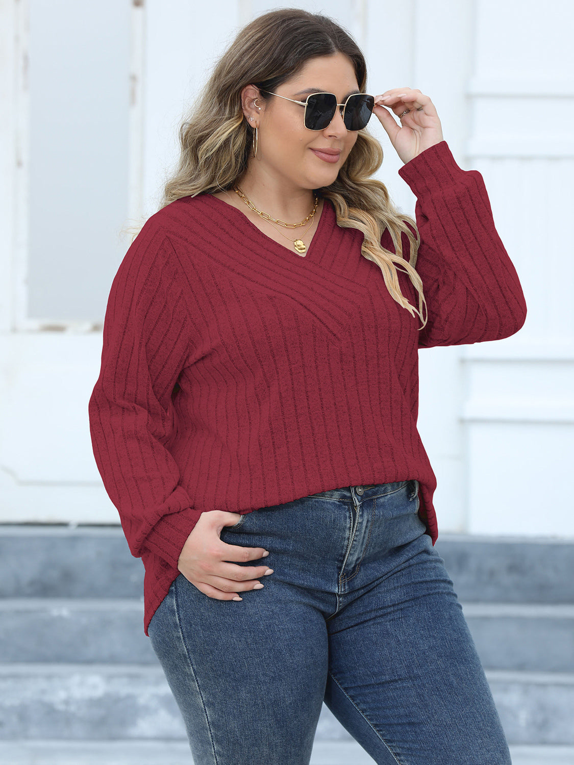 Plus Size Ribbed V-Neck Long Sleeve Top 