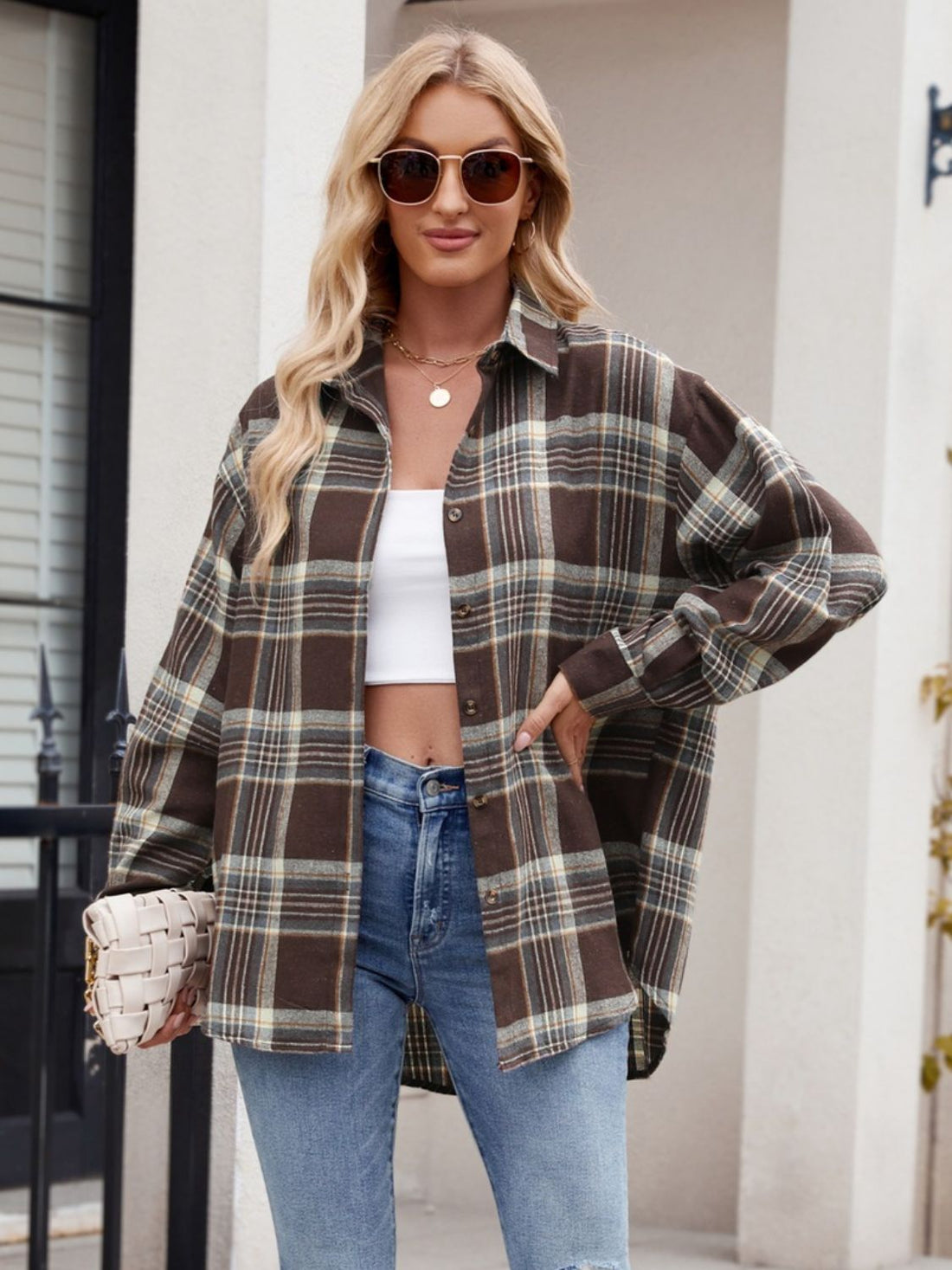 Mandy Pocketed Plaid Collared Neck Long Sleeve Shirt 