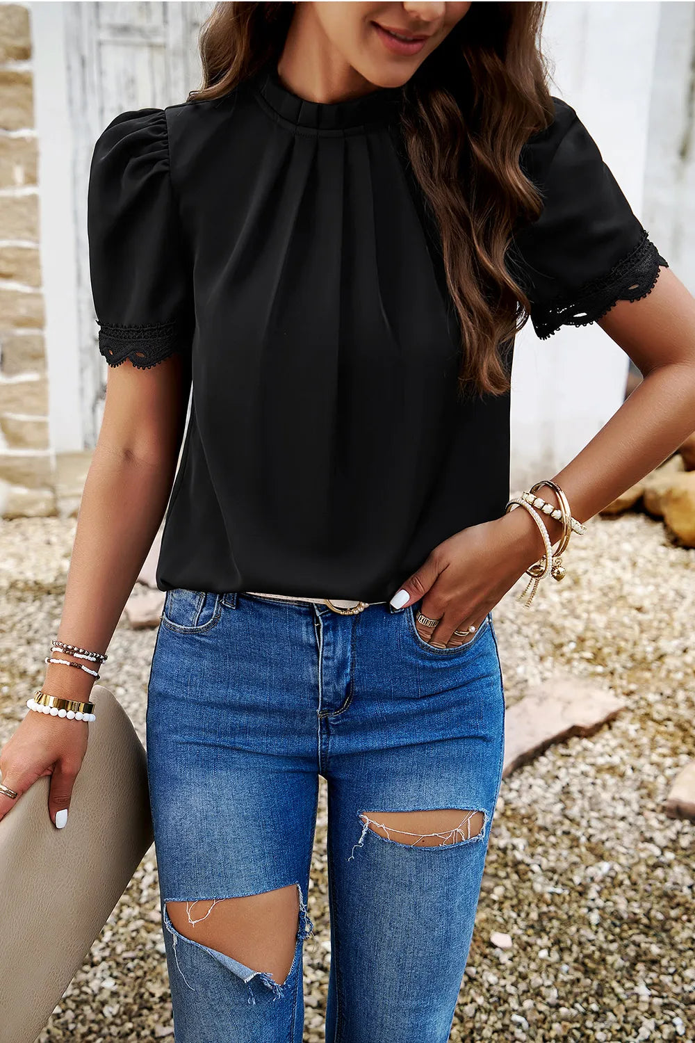 Devine Ruched Mock Neck Short Sleeve Blouse 