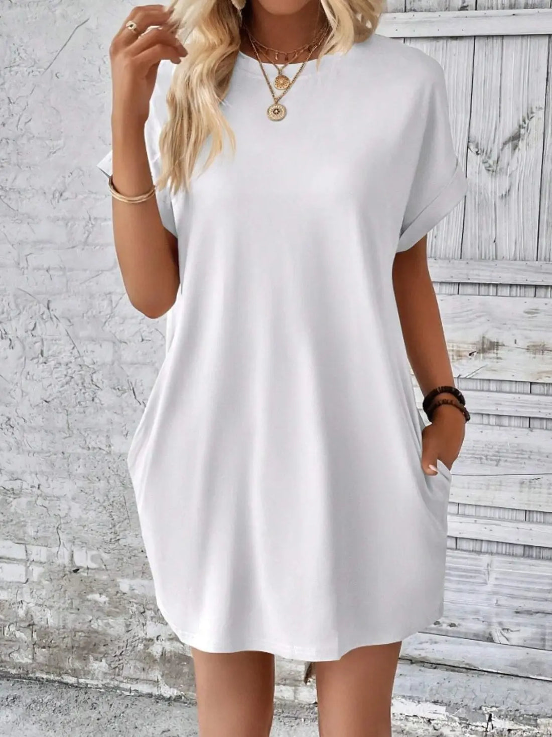 Pocketed Round Neck Short Sleeve Dress 
