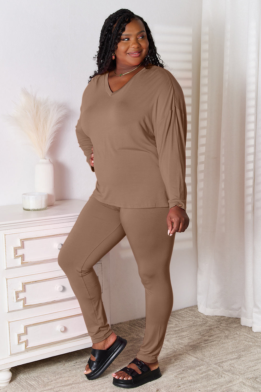 Basic Bae Full Size V-Neck Soft Rayon Long Sleeve Top and Pants Lounge Set 