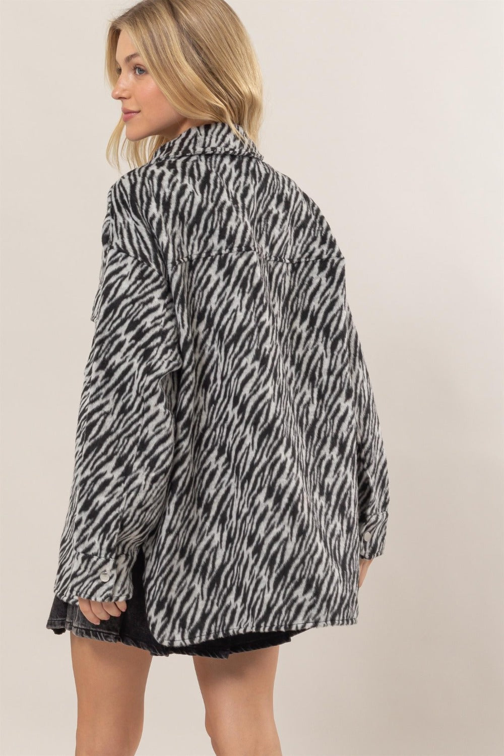 HYFVE Zebra Print Snap Down Long Sleeve Shacket 