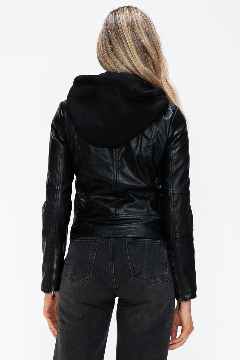 Snobbish Faux Leather Zip Up Drawstring Hooded Jacket 