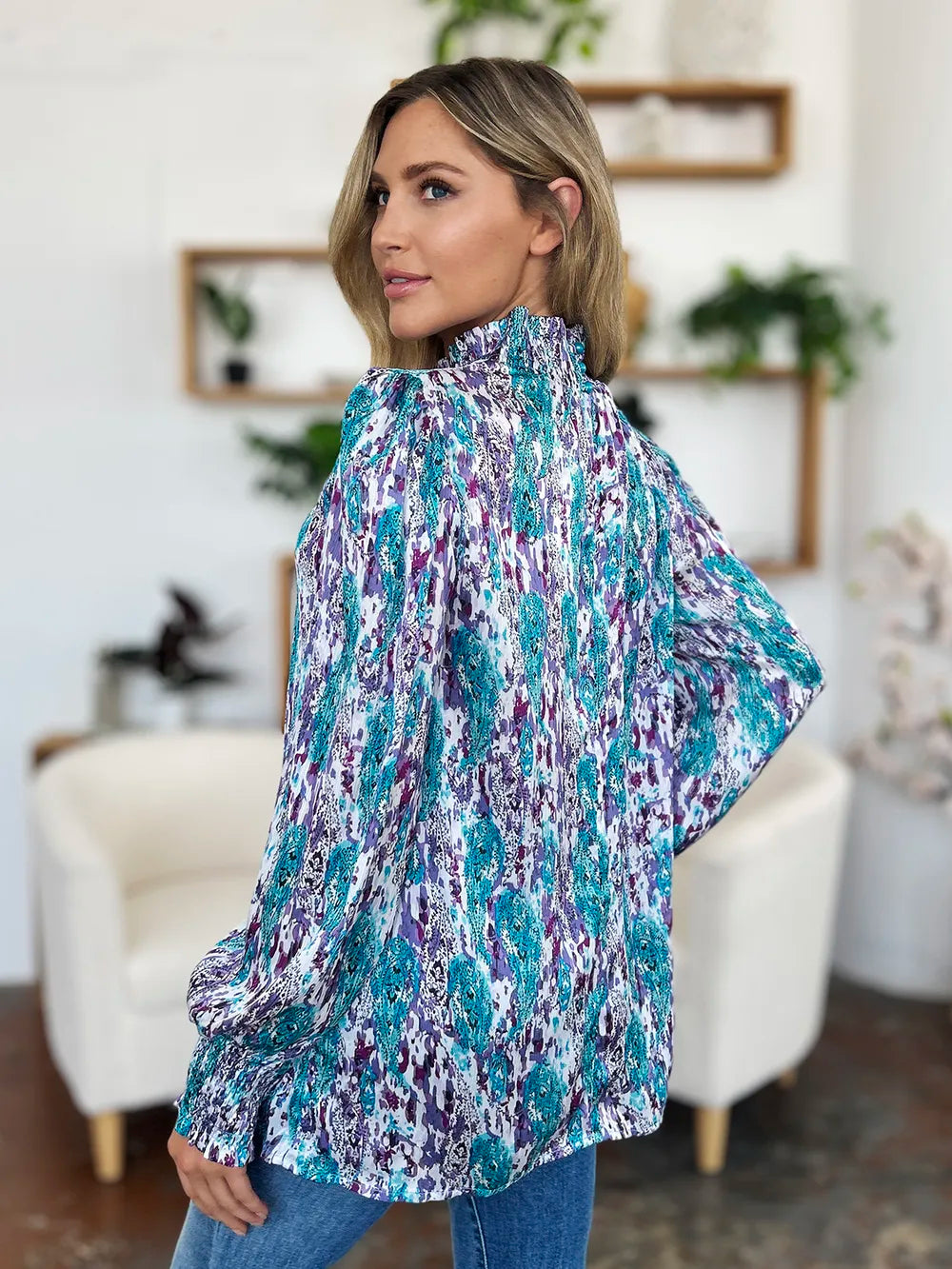 Double Take Full Size Printed Smocked Long Sleeve Blouse 