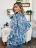 Double Take Full Size Printed Smocked Long Sleeve Blouse 