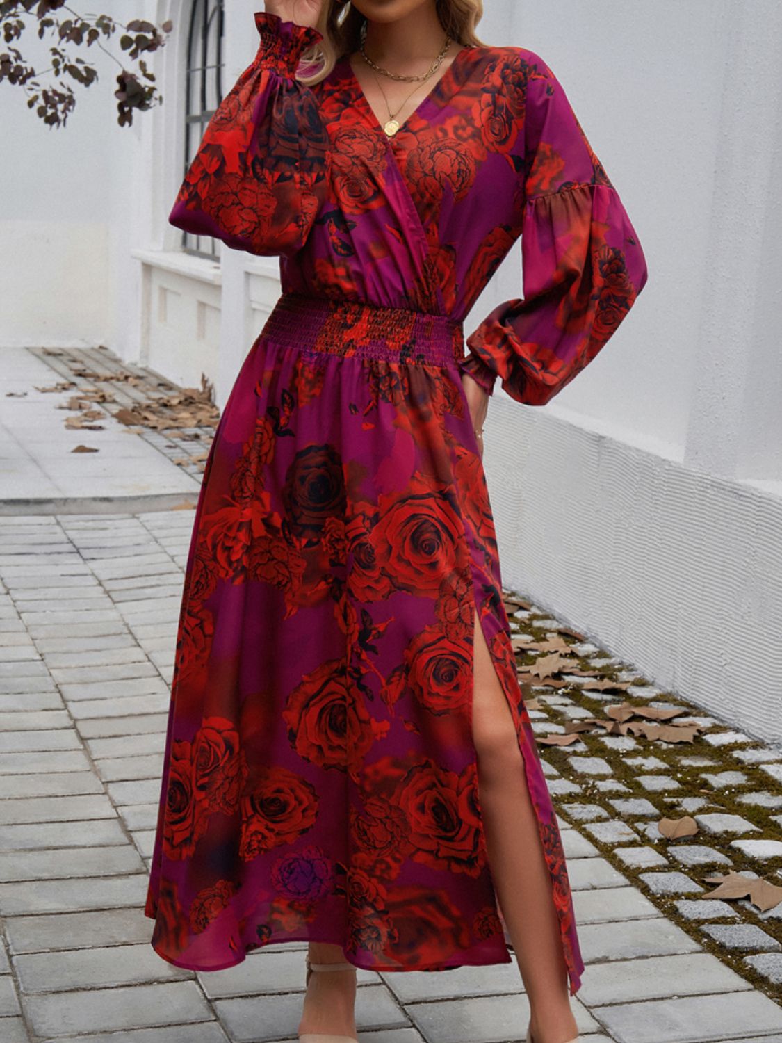 Devine Split Printed Surplice Long Sleeve Midi Dress 