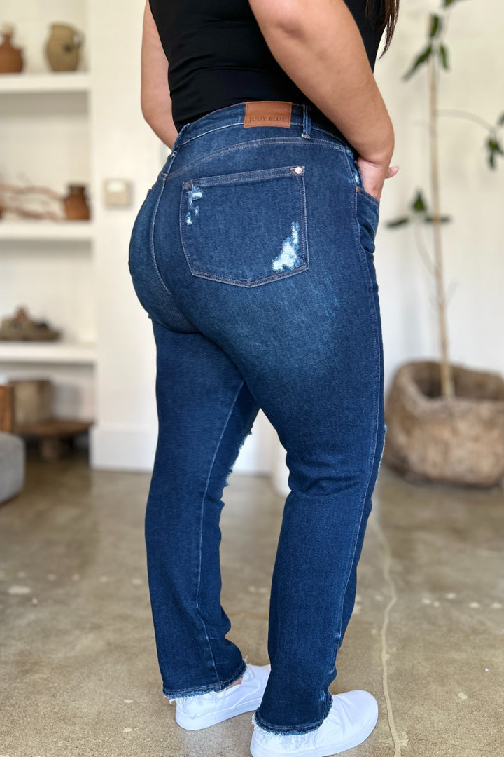 Judy Blue Full Size High Waist Rigid Magic Heavy Destroy Straight Jeans 