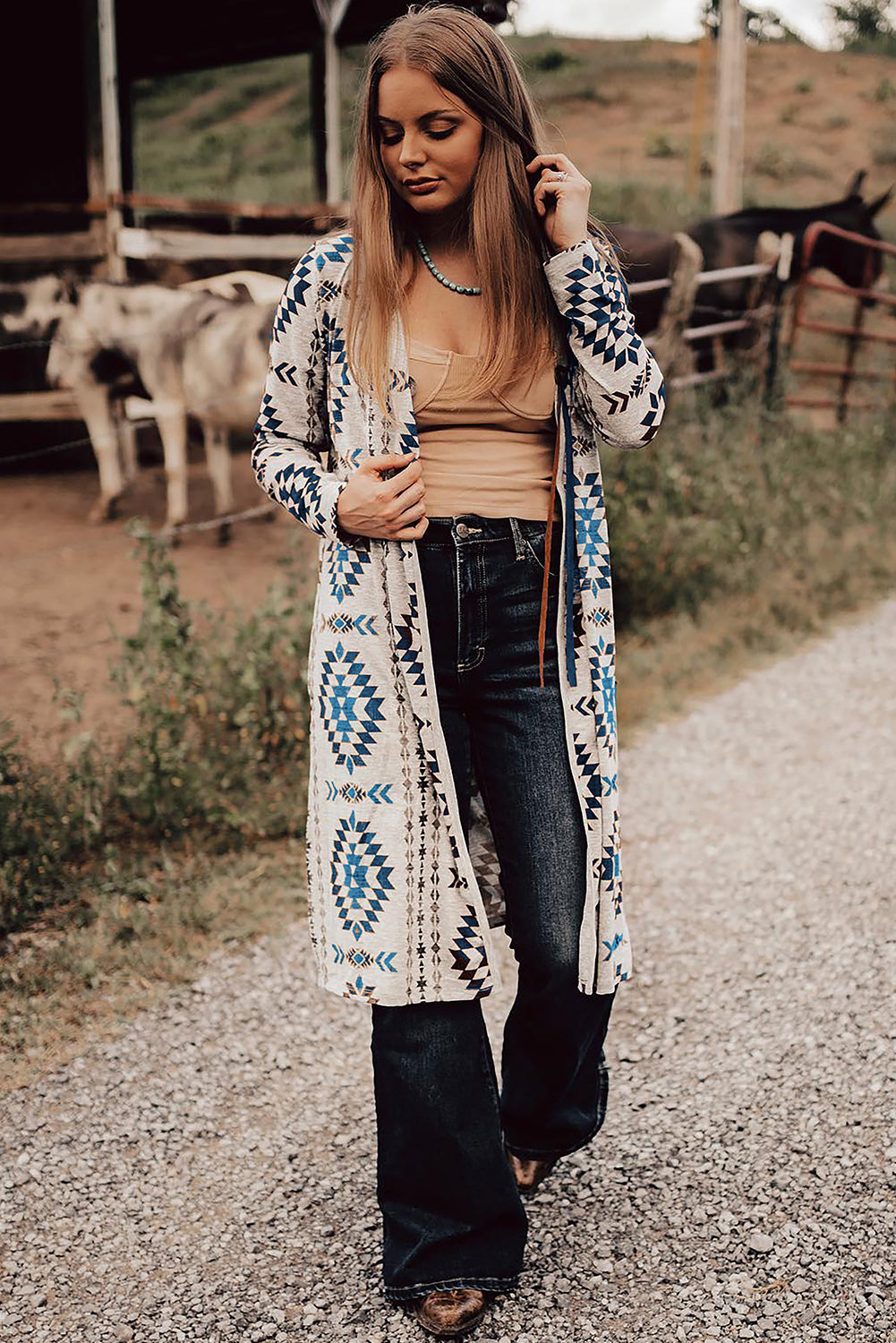 Brown Western Aztec Printed Open Front Long Cardigan Sweaters & Cardigans/Cardigans