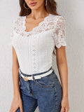 Lace Scalloped V-Neck Eyelet T-Shirt 