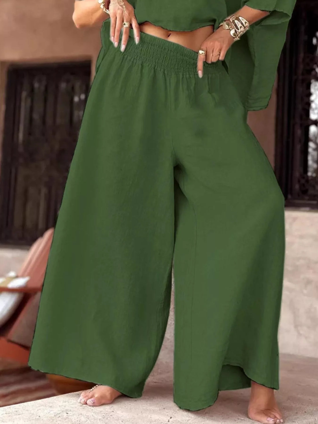 Full Size Boat Neck Top and Wide Leg Pants Set Plus Size Two Piece Dresses
