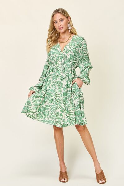Double Take Full Size Printed Ruched Balloon Sleeve Dress 