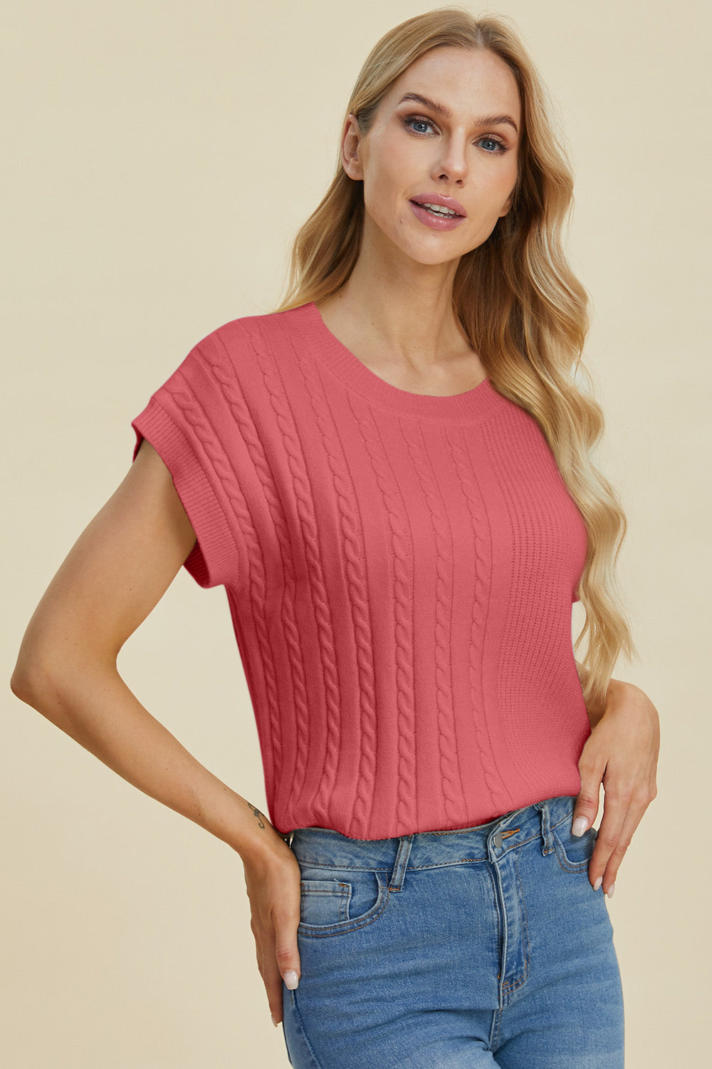 Double Take Full Size Cable-Knit Round Neck Short Sleeve Sweater 