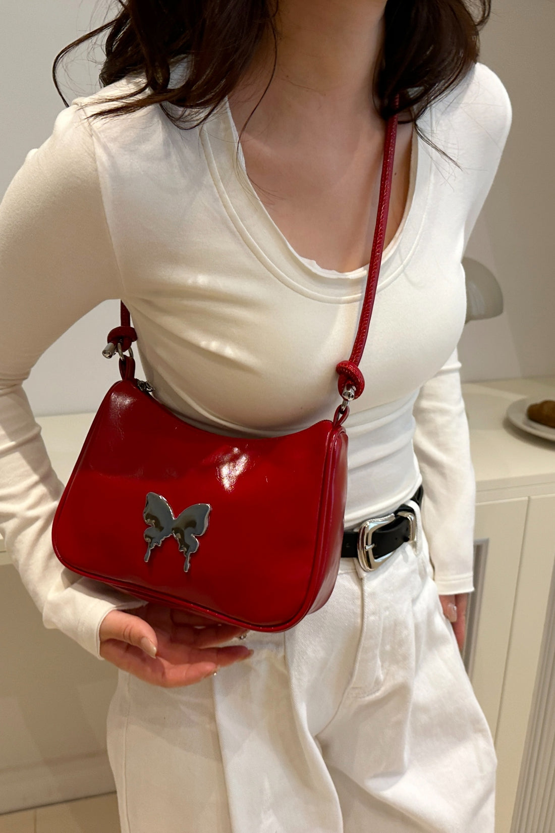 Butterfly PU Leather Knotted Strap Shoulder Bag 