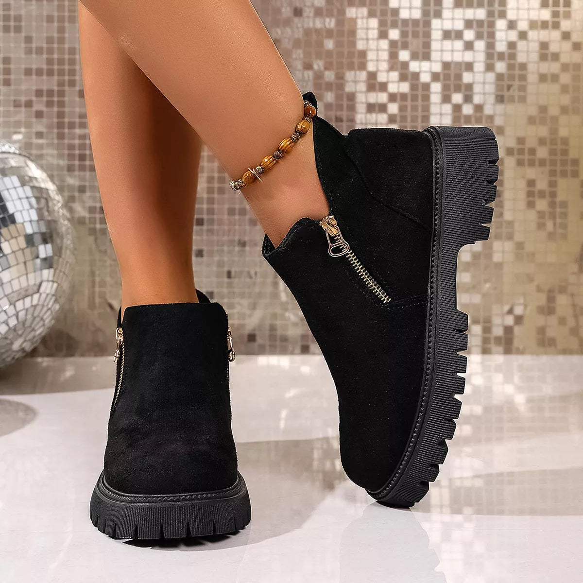 Round Toe Side Zip Ankle Boots 