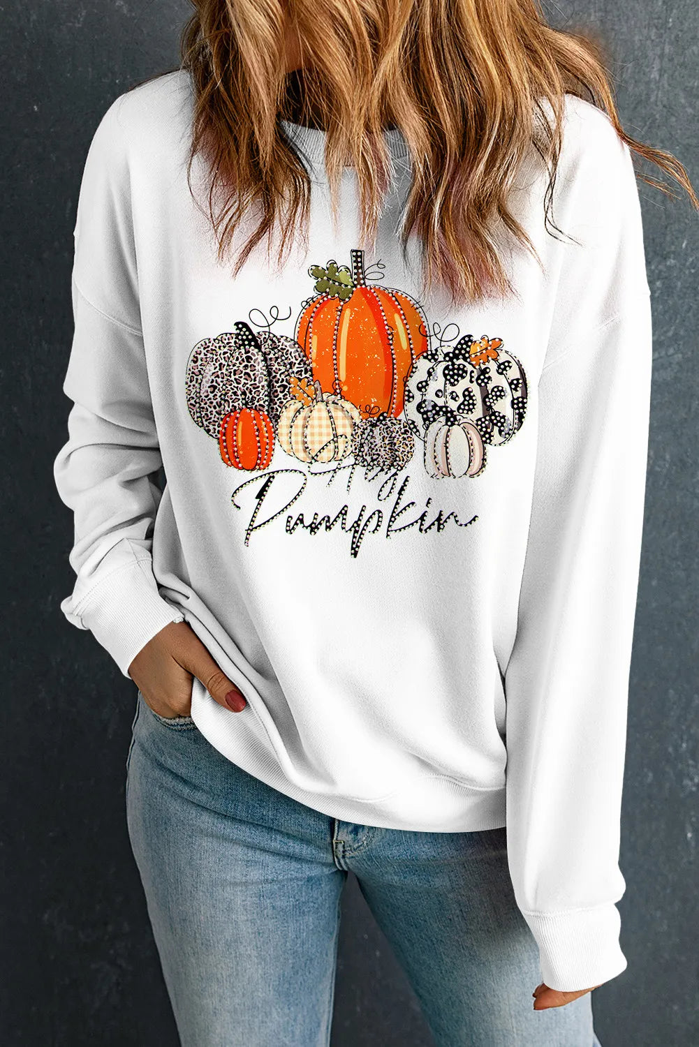 Pumpkin Graphic Round Neck Dropped Shoulder Sweatshirt 