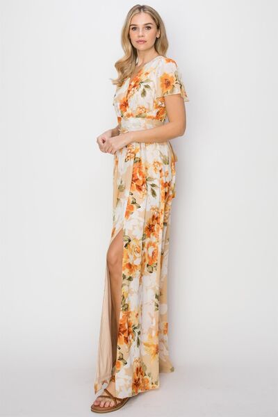 HYFVE Floral Tie Back Short Sleeve Slit Maxi Dress Dresses