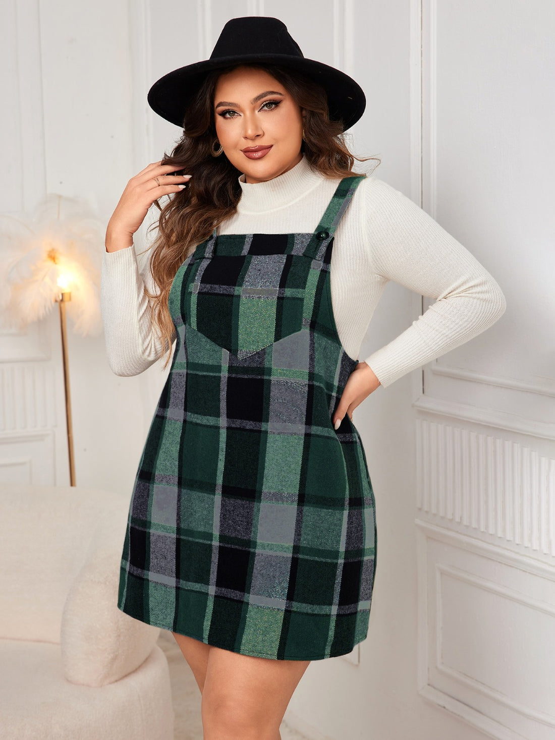 Honey Plus Size Plaid Wide Strap Overall Dress 