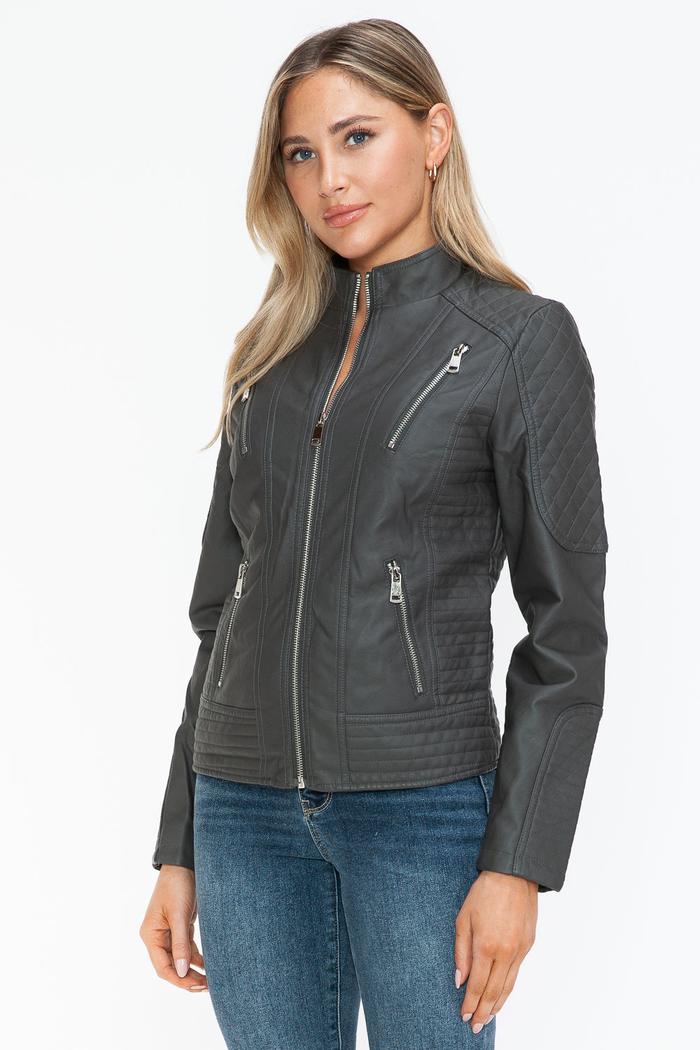 Snobbish Faux Leather Zip Up Mock Neck Jacket 