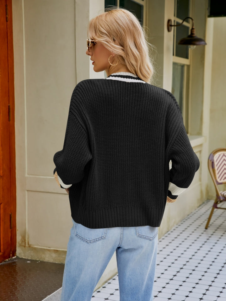 Contrast Button Up Dropped Shoulder Cardigan 