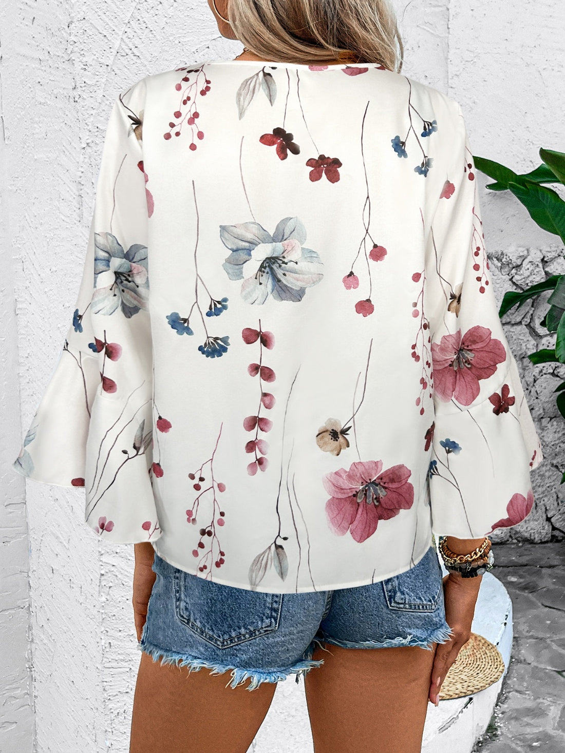 Honey Ruffled Printed V-Neck Half Sleeve Blouse 