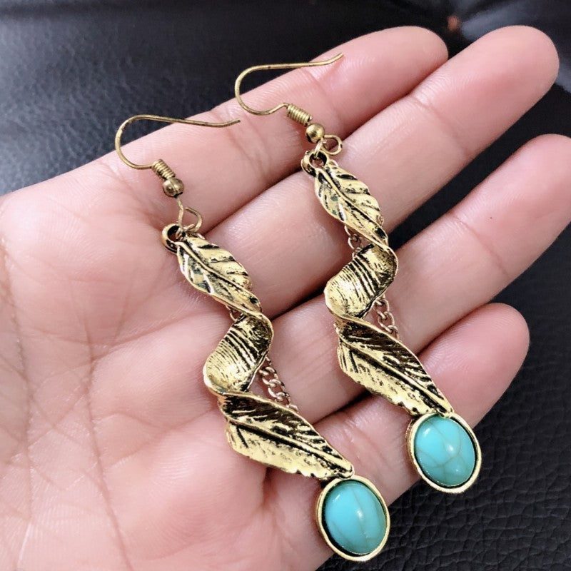Alloy Leaf Artificial Turquoise Earrings 