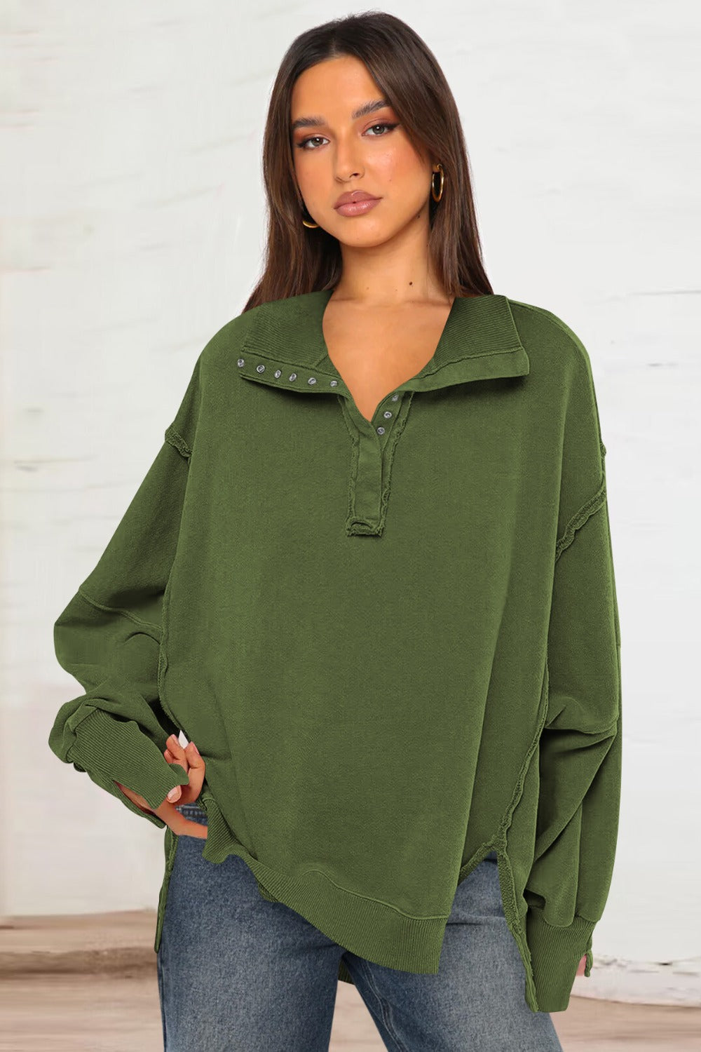 Exposed Seam Side Slit Long Sleeve Sweatshirt 