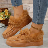Bow Furry Round Toe Flat Slip-Ons 