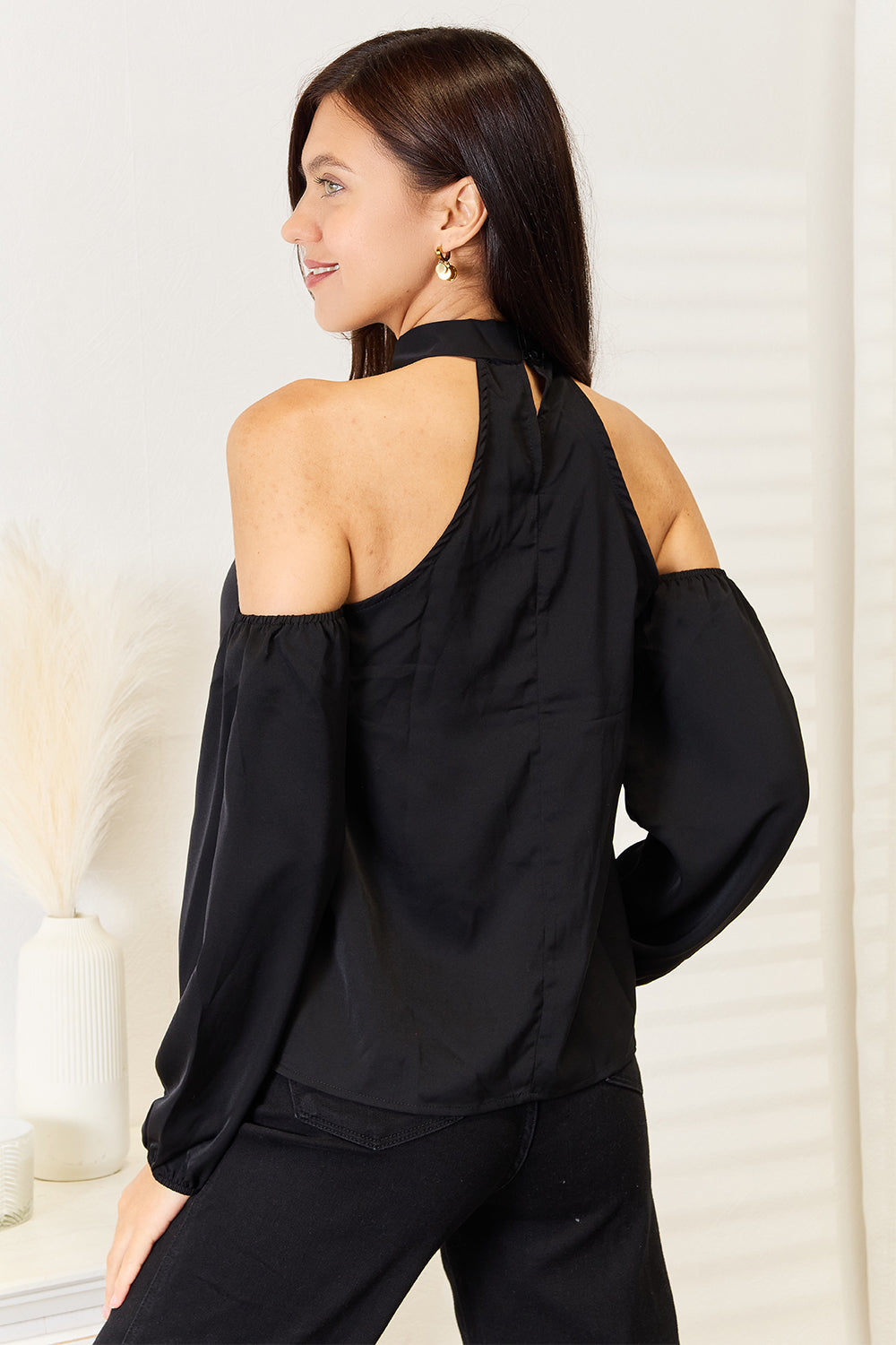 Perfee Grecian Cold Shoulder Long Sleeve Blouse 