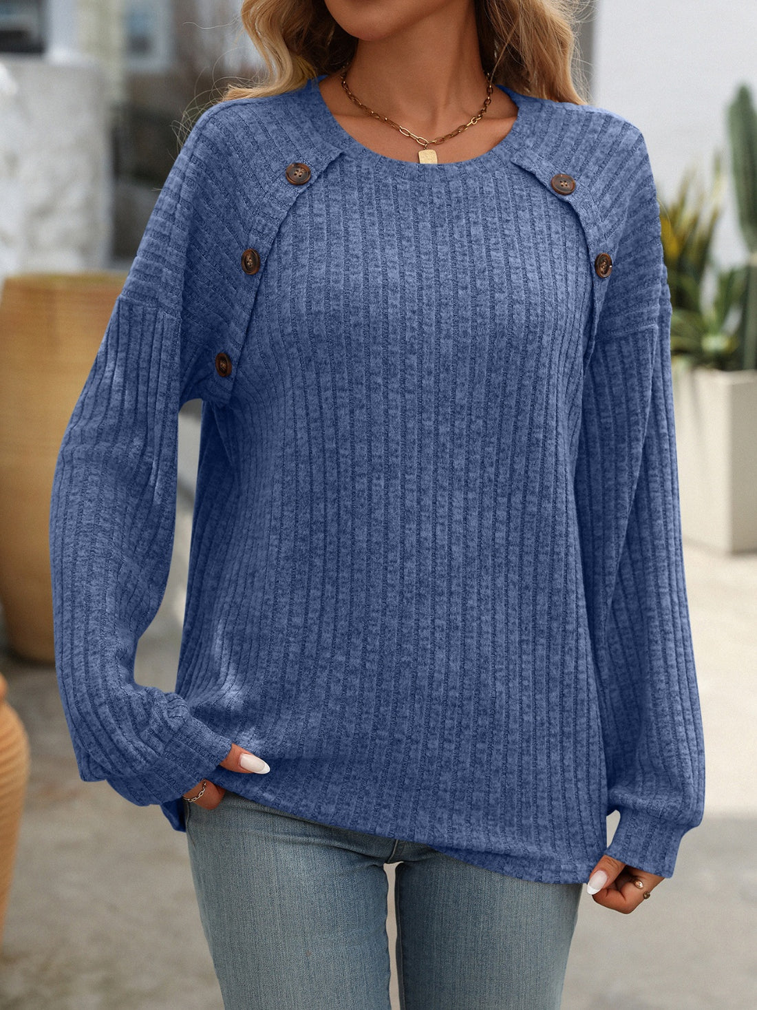 Mandy Decor Button Long Sleeve Ribbed T-Shirt 